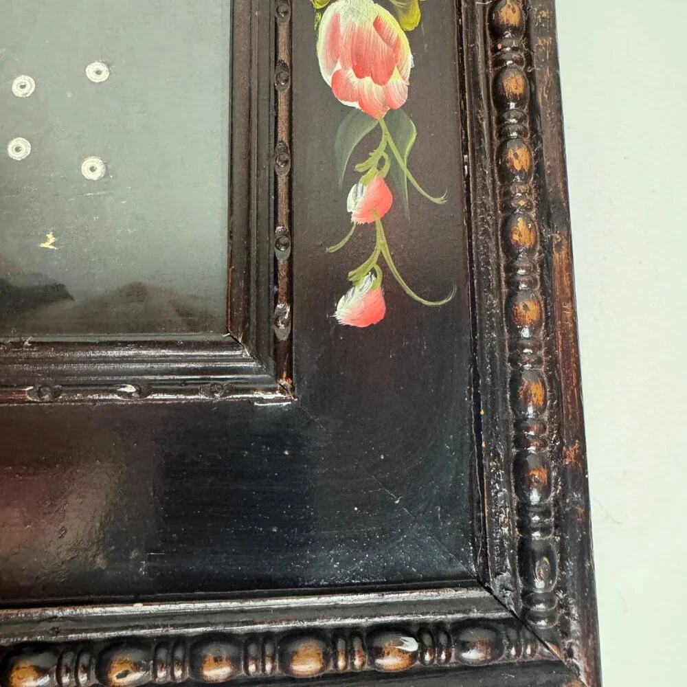 Antique RARE Wooden Frame Flowers Hand Painted